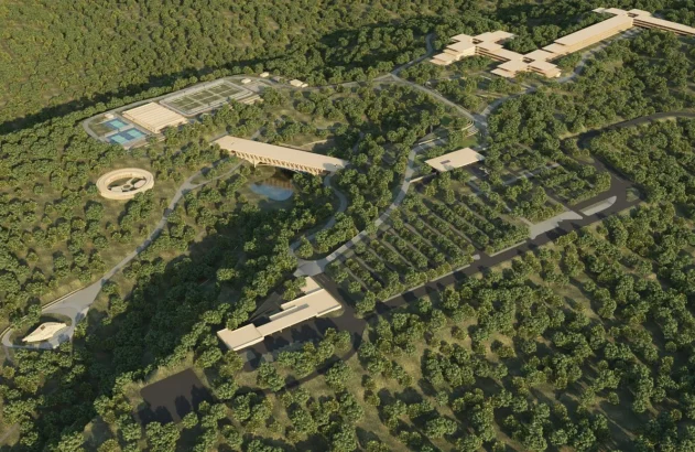 Maquete arquitetônica da Villa XP, um complexo moderno e sustentável em meio a uma floresta densa, com edifícios integrados à natureza e estruturas conectadas por estradas e caminhos.