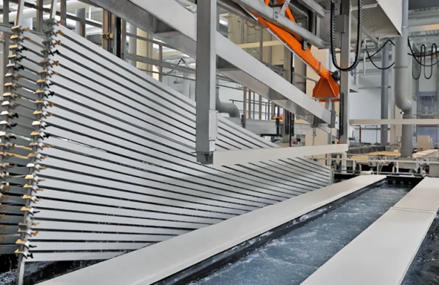 Ambiente industrial com processo de tratamento de metais, estrutura metálica central com lâminas verticais imersas em tanque, maquinário e braços mecânicos ao fundo.