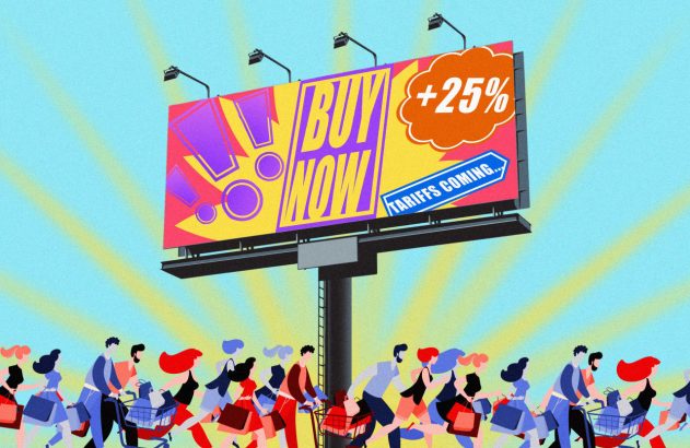 Multidão correndo para comprar sob um outdoor: "COMPRE JÁ", "+25%", "TARIFAS CHEGANDO...". Urgência de consumo.
