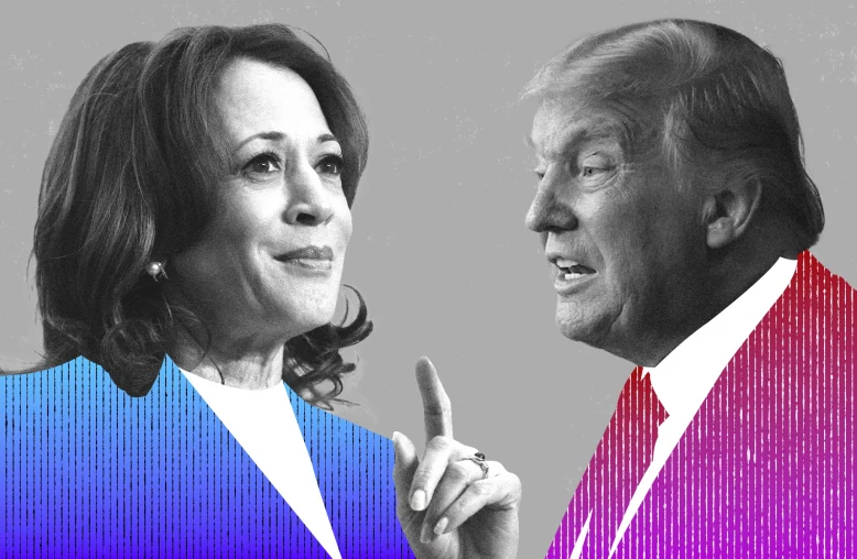 Kamala Harris e Donald Trump frente a frente em uma montagem preto e branco, destacadas por roupas estilizadas com padrões de linhas coloridas e expressões confiantes.