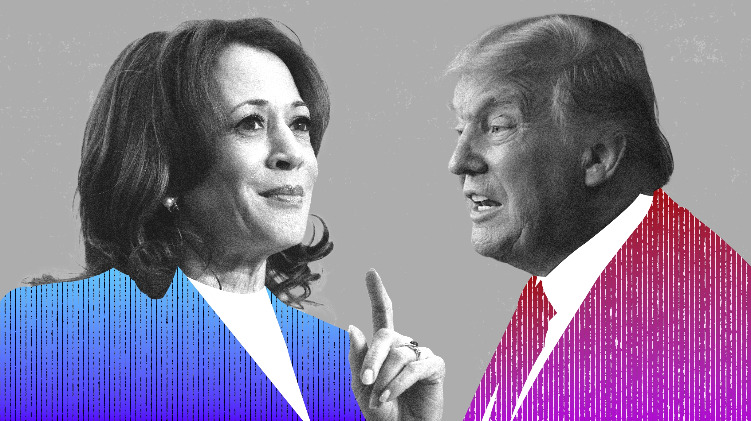 Kamala Harris e Donald Trump frente a frente em uma montagem preto e branco, destacadas por roupas estilizadas com padrões de linhas coloridas e expressões confiantes.