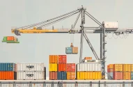 Um guindaste ergue um contêiner azul e laranja em um porto movimentado, com fileiras de contêineres coloridos ao fundo.