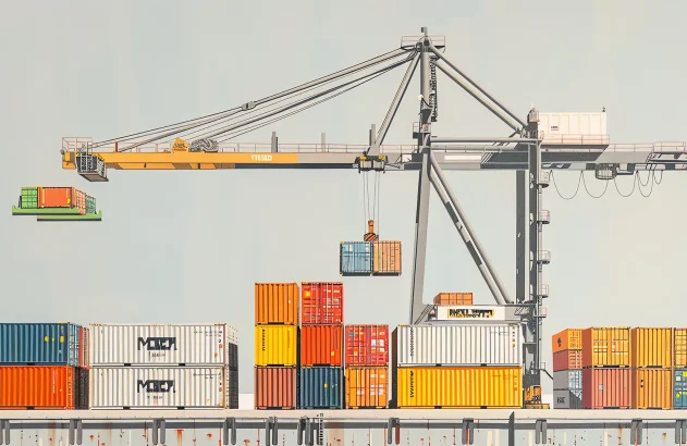 Um guindaste ergue um contêiner azul e laranja em um porto movimentado, com fileiras de contêineres coloridos ao fundo.