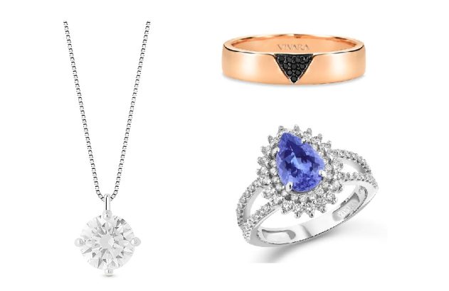 Colar de diamante, anéis de ouro rosa e prata com pedras pretas e azul. Joias Vivara.