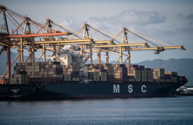 Navio porta-contêineres MSC no porto, com guindastes, muitos contêineres e montanhas ao fundo.