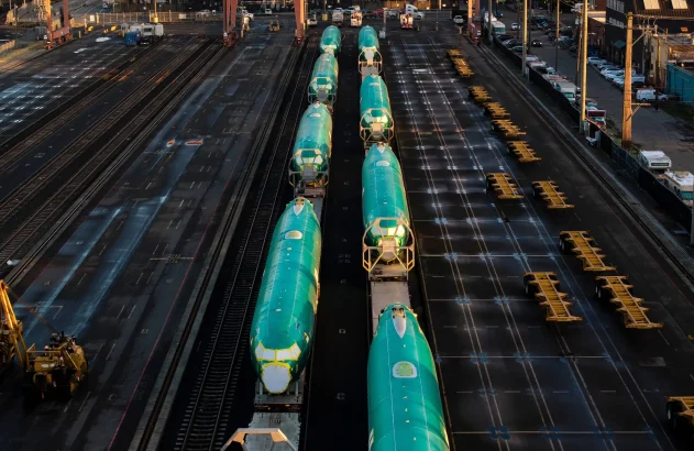 Fuselagens do Boeing 737 Max em vagões em Seattle, Washington