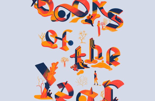 Título 3D isométrico "BOOKS OF THE YEAR", em laranja e azul, com pessoas lendo e interagindo com as letras.