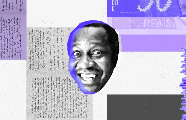 A imagem é uma colagem digital com um retrato no humorista Mussum ao centro, em preto e branco, cercado por contorno azul, sobreposição de textos manuscritos à esquerda em tons de cinza e roxo, uma nota parcial de "50 REAIS" no canto superior direito e uma pilha de moedas azuis no canto inferior direito, tudo em um fundo predominantemente branco com manchas de cor.