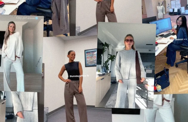 Uma colagem de cenas internas com pessoas em ambientes de trabalho e de conforto, apresentando estilos formais e casuais.