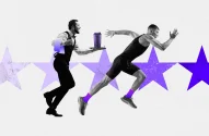 Uma ilustração em preto e branco com toques de roxo mostra um garçom carregando uma bandeja e um corredor esportivo sobre um fundo estrelado.