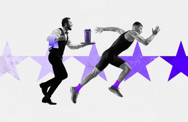 Uma ilustração em preto e branco com toques de roxo mostra um garçom carregando uma bandeja e um corredor esportivo sobre um fundo estrelado.