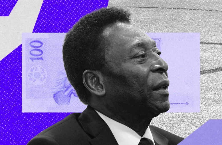 Montagem com foto de Pelé sobre fundo geométrico.