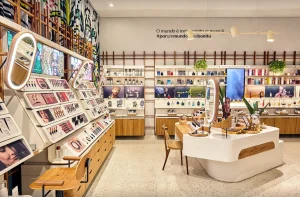 Imagem de uma loja da Natura, marca de cosméticos, moderna e bem iluminada com prateleiras cheias de produtos de maquiagem, perfumes e cosméticos para homens, e uma ilha central com design sofisticado.