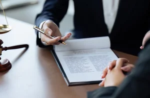 Duas pessoas em uma reunião profissional com documentos e símbolos jurídicos ao fundo.