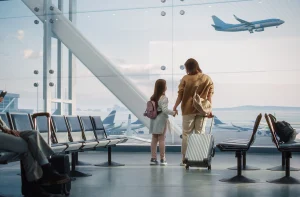 Mulher e filha em salão de embarque de um aeroporto