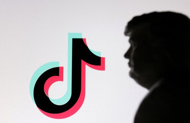 Um perfil em silhueta observa o logo do TikTok em preto, ciano e rosa em fundo claro.