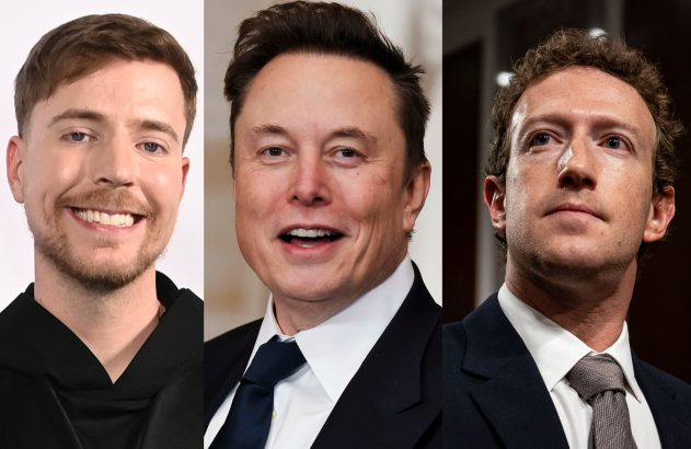 Retratos de MrBeast, Elon Musk e Mark Zuckerberg, figuras proeminentes da tecnologia.