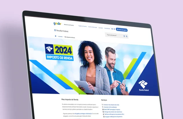 Tela de computador com a página da Receita Federal do Brasil sobre o Imposto de Renda 2024, com ícones de pessoas sorrindo e informações sobre serviços e contribuições fiscais.