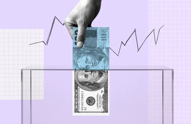 A imagem mostra uma mão segurando uma cédula de cem reais que, ao ser inserida em uma urna, se transforma em uma nota de cem dólares, sobre um fundo lilás com um gráfico em ziguezague e padrões de grade, simbolizando transição financeira.