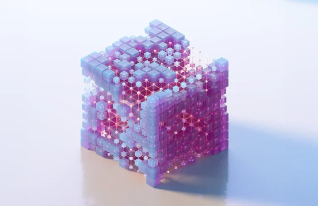Uma estrutura tridimensional composta de pequenos cubos azuis e rosas, com uma aparência translúcida e tecnológica, conectada por linhas luminescentes em um fundo claro.