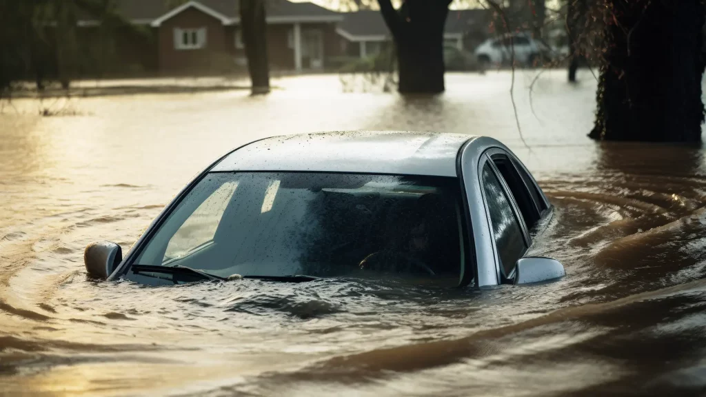 Carro prata parcialmente submerso em área urbana alagada com águas marrons, rodeado por árvores e casas visivelmente afetadas pela inundação.