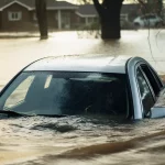 Carro prata parcialmente submerso em área urbana alagada com águas marrons, rodeado por árvores e casas visivelmente afetadas pela inundação.