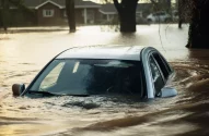 Carro prata parcialmente submerso em área urbana alagada com águas marrons, rodeado por árvores e casas visivelmente afetadas pela inundação.