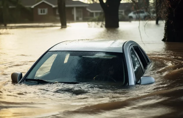 Carro prata parcialmente submerso em área urbana alagada com águas marrons, rodeado por árvores e casas visivelmente afetadas pela inundação.