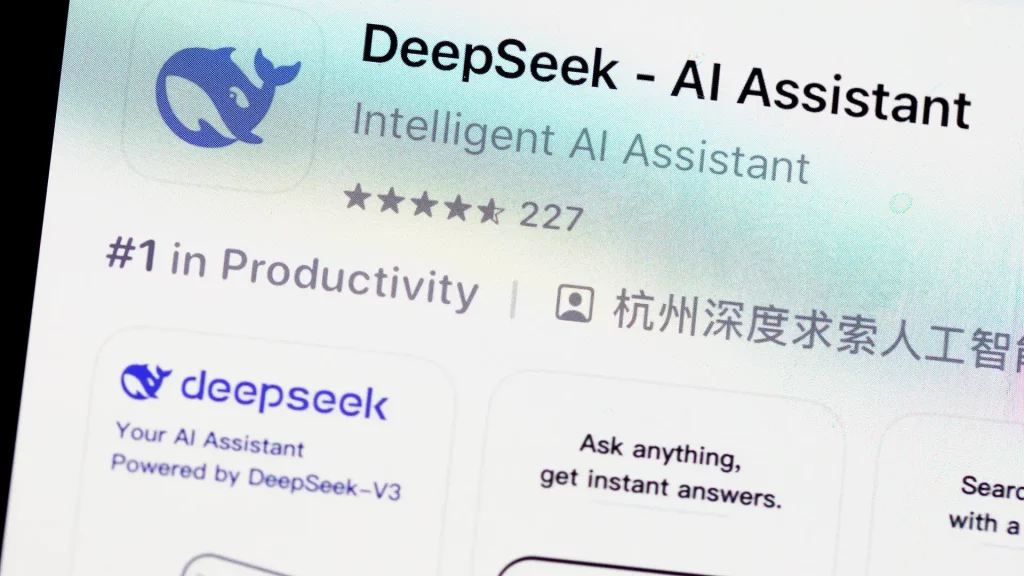 Captura de tela de um aplicativo de inteligência artificial chamado "DeepSeek", com ícone de baleia azul, 227 avaliações e classificado como nº 1 em produtividade.