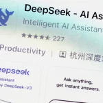 Captura de tela de um aplicativo de inteligência artificial chamado "DeepSeek", com ícone de baleia azul, 227 avaliações e classificado como nº 1 em produtividade.