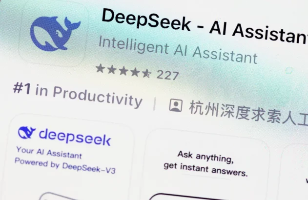 Captura de tela de um aplicativo de inteligência artificial chamado "DeepSeek", com ícone de baleia azul, 227 avaliações e classificado como nº 1 em produtividade.