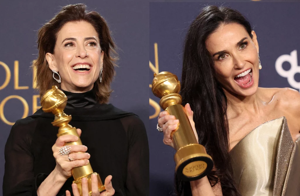 Fernanda Torres e Demi Moore exibem prêmios do Globo de Ouro