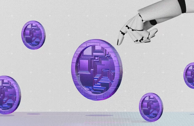 inteligência artificial (IA) rolando uma moeda roxa