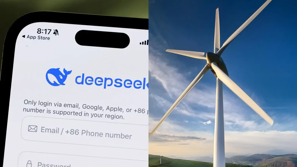 À esquerda: A imagem mostra a tela de um smartphone exibindo o aplicativo "deepseek" na App Store com opções de login visíveis. À direita: A imagem retrata uma turbina eólica em um campo sob um céu azul claro com nuvens e montanhas ao fundo.