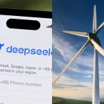 À esquerda: A imagem mostra a tela de um smartphone exibindo o aplicativo "deepseek" na App Store com opções de login visíveis. À direita: A imagem retrata uma turbina eólica em um campo sob um céu azul claro com nuvens e montanhas ao fundo.