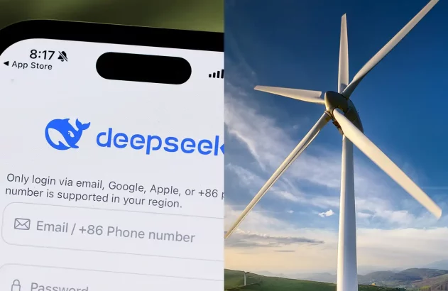 À esquerda: A imagem mostra a tela de um smartphone exibindo o aplicativo "deepseek" na App Store com opções de login visíveis. À direita: A imagem retrata uma turbina eólica em um campo sob um céu azul claro com nuvens e montanhas ao fundo.
