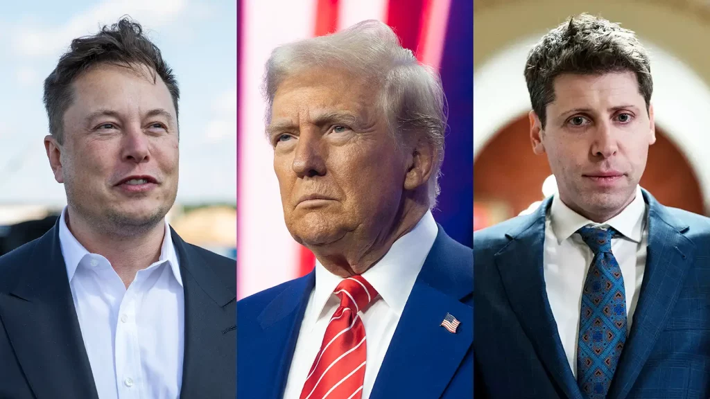 Montagem com 3 fotos alinhadas da esquerda para a direita com pessoas diferentes: Elon Musk, Donald Trump e Sam Altman. Fotos: Getty Images (Maja Hitij, Rebecca Noble e Kent Nishimura)