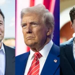 Montagem com 3 fotos alinhadas da esquerda para a direita com pessoas diferentes: Elon Musk, Donald Trump e Sam Altman. Fotos: Getty Images (Maja Hitij, Rebecca Noble e Kent Nishimura)