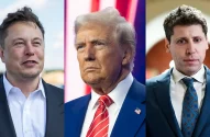 Montagem com 3 fotos alinhadas da esquerda para a direita com pessoas diferentes: Elon Musk, Donald Trump e Sam Altman. Fotos: Getty Images (Maja Hitij, Rebecca Noble e Kent Nishimura)