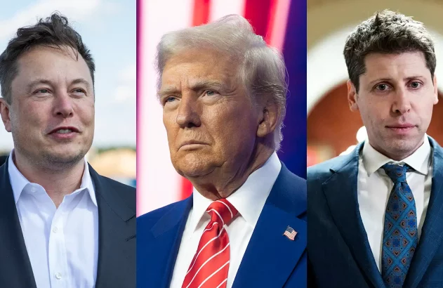 Montagem com 3 fotos alinhadas da esquerda para a direita com pessoas diferentes: Elon Musk, Donald Trump e Sam Altman. Fotos: Getty Images (Maja Hitij, Rebecca Noble e Kent Nishimura)