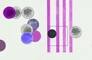 Arte abstrata: Moedas do Real coloridas, círculos e listras em tons de roxo/magenta, com quadrado, em fundo claro. imposto de renda 2026
