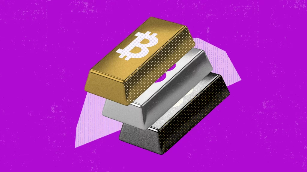 Três lingotes sobrepostos com o símbolo do Bitcoin em um fundo roxo vibrante.