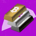 Três lingotes sobrepostos com o símbolo do Bitcoin em um fundo roxo vibrante.