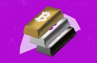 Três lingotes sobrepostos com o símbolo do Bitcoin em um fundo roxo vibrante.