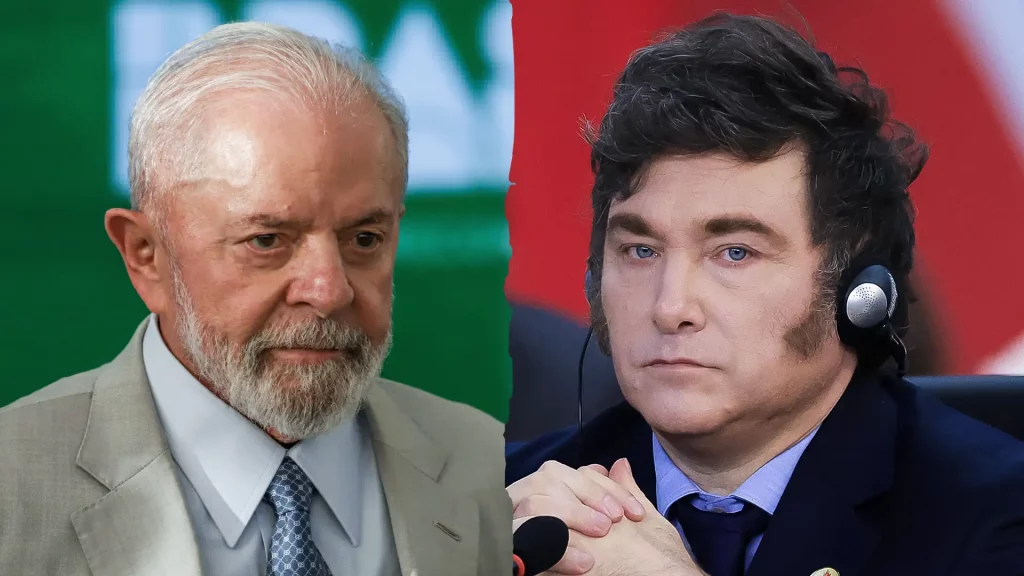 Montagem com os presidentes do Brasil, Luiz Inácio Lula da Silva (esq.), e da Argentina, Javier Milei (dir.).