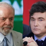 Montagem com os presidentes do Brasil, Luiz Inácio Lula da Silva (esq.), e da Argentina, Javier Milei (dir.).