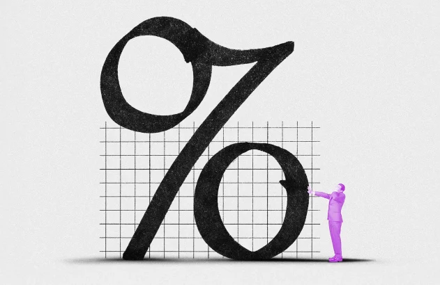 Figura estilizada em roxo interage com um grande símbolo de porcentagem em um fundo quadriculado, sugerindo um conceito financeiro.