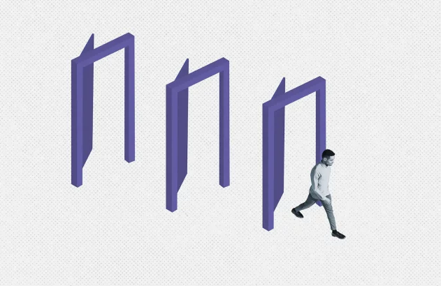 Homem caminhando entre três molduras azuis em um fundo texturizado, como se estivessem procurando emprego evocando movimento e progressão.