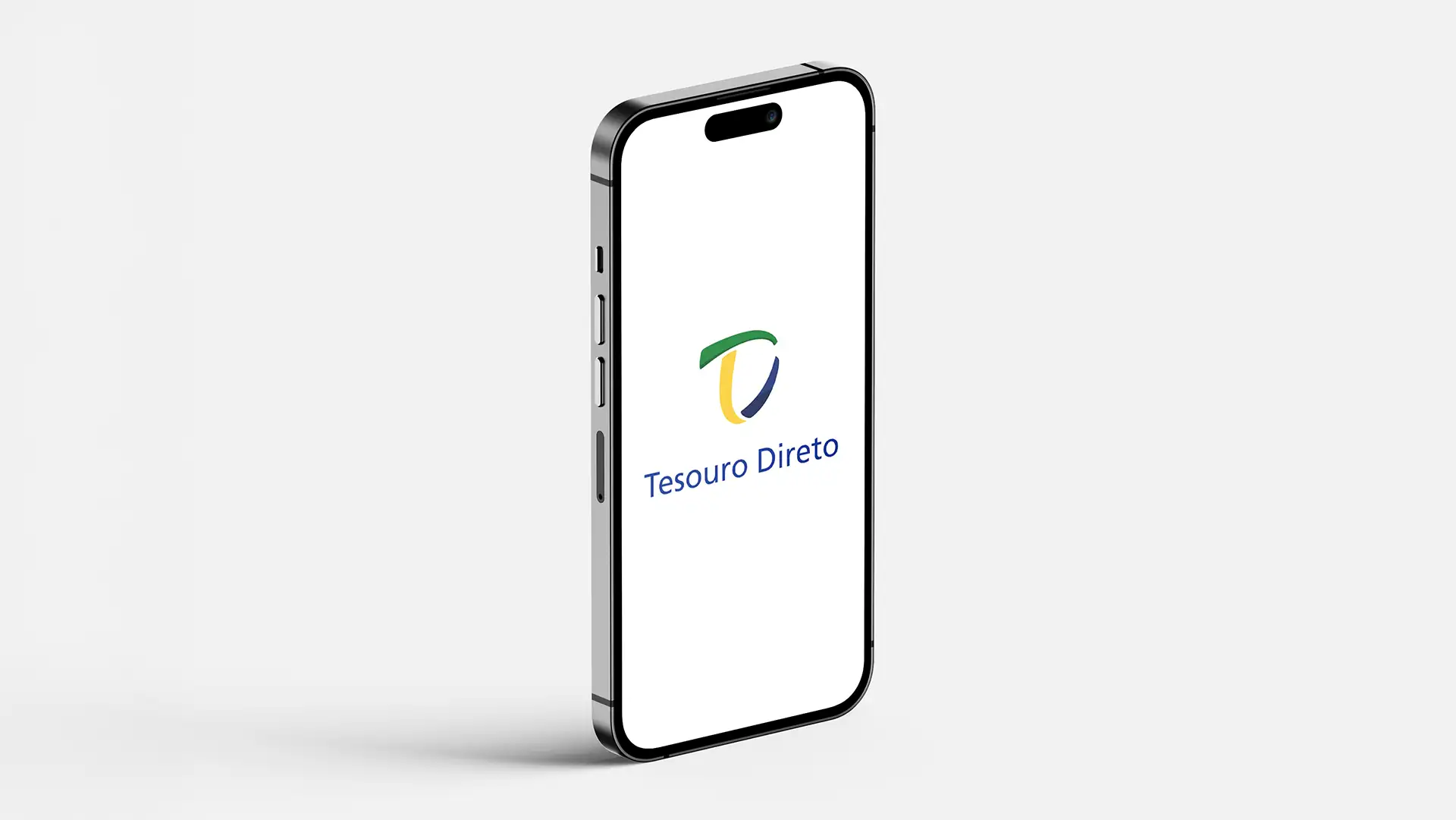 Smartphone moderno com logotipo colorido do Tesouro Direto na tela, destacado em fundo branco.