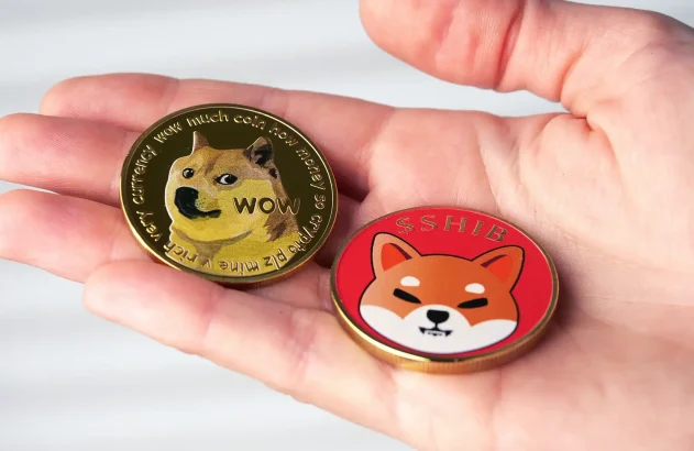 Duas moedas inspiradas em memes populares com imagens de Shiba Inu, uma com "WOW" e outra com "$SHIB".